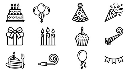 Fototapeta premium Birthday Celebration Icons: Cake, Balloons, Gift, Party Hat, Confetti - Line Art Set