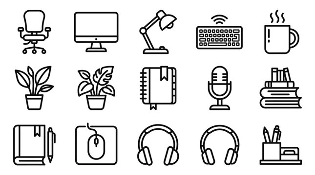 Home office icons: chair, computer, desk lamp, keyboard, coffee, plants, notebook, mic, books