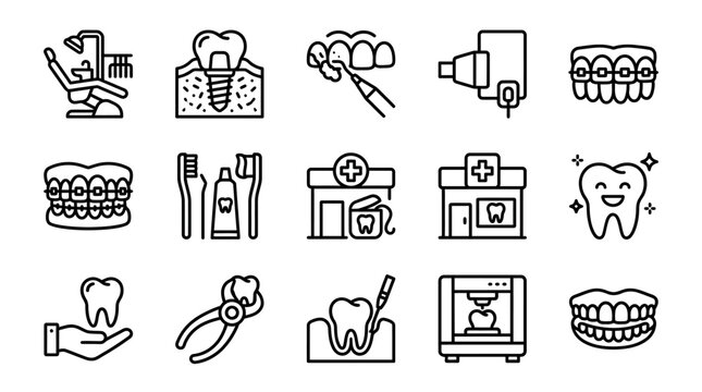 Dental Care Icons: Tooth Implant, Braces, Dental Chair, 3D Printer, Toothbrush Set