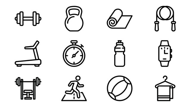 Fitness Equipment Icons: Dumbbell, Kettlebell, Mat, Jump Rope, Treadmill, Stopwatch, Bottle, Smartwatch