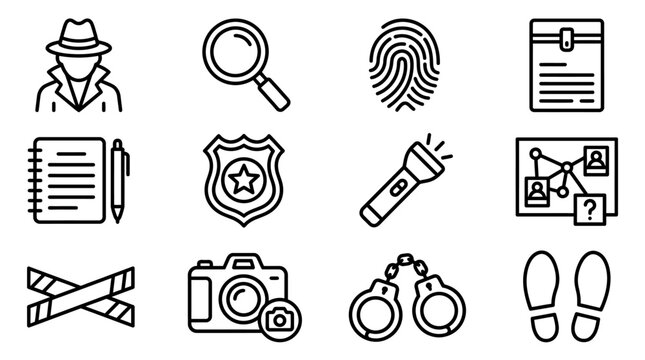 Detective Icons: Investigation, Crime Scene, Evidence Collection, Forensics