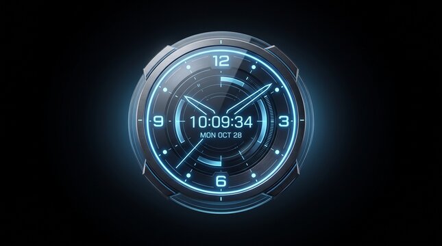 Futuristic Digital Clock Interface with Neon Blue HUD Technology Display