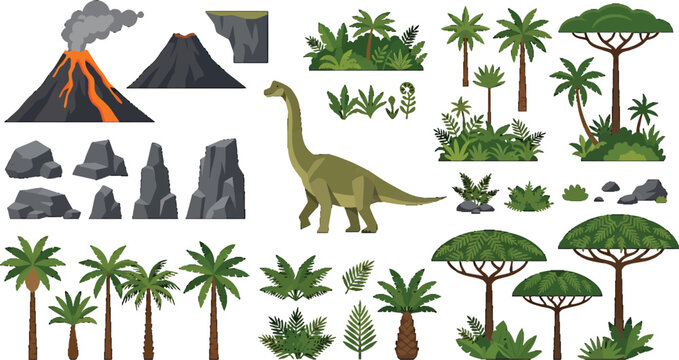 Prehistoric dinosaur landscape elements set with volcano palm trees and rocks in flat vector illustration style