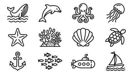 Ocean Life Icons: Whale, Dolphin, Octopus, Jellyfish, Starfish, Coral, Shell, Turtle, Anchor, Fish, Submarine, Sailboat © rebok