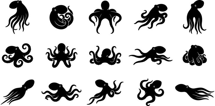 Black octopus silhouette icon set, cephalopod vector graphics, marine animal collection, sea life symbols, octopus tentacles isolated on white background.
