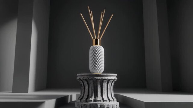 Elegant white reed diffuser on classic stone pedestal in minimalist gray concrete architectural setting