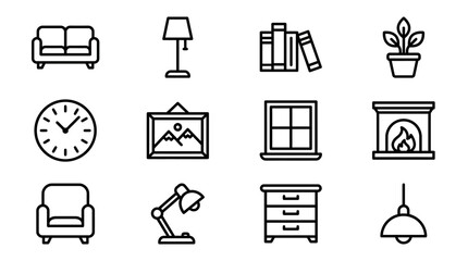 Home Interior Icons: Sofa, Lamp, Bookshelf, Plant, Clock, Art, Fireplace © Sujarwo