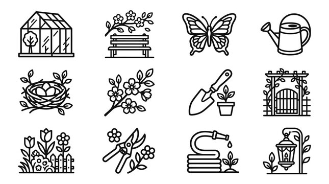Gardening Icons Set: Greenhouse, Flowers, Butterfly, Watering Can, Nest, Tools, Gate