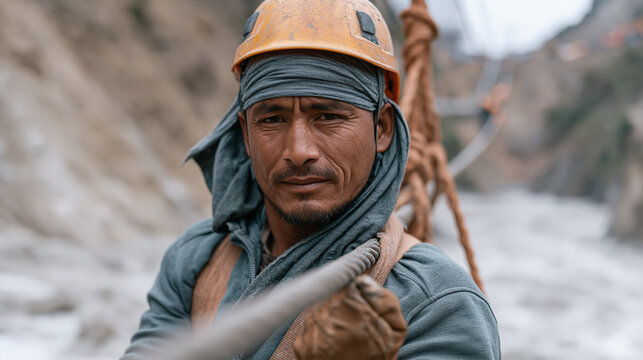 Nepali bridge construction laborer hauling a steel cable section across a rushing glacial river gorge on a temporary zip line rig, safety harness attached, mountain construction