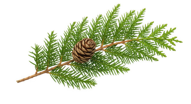 Single pine tree branch with conifer cone as PNG asset