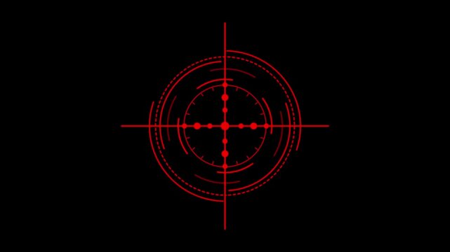 A glowing red electronic cross hair and circular target HUD interface pulse on a dark background. Ideal for Sofia video games, security system visuals, and technology