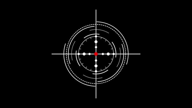 A glowing white electronic cross hair and circular target HUD interface pulse on a dark background. Ideal for Sofia video games, security system visuals, and technology