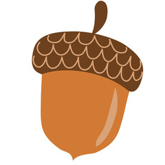 A simple flat illustration of a brown acorn with a textured cap, symbolizing autumn, woodland forests, seasonal harvest, nature, growth, and rustic fall-inspired decorative botanical artwork. © Nev