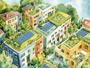 Fototapeta premium Watercolor aerial view of vibrant green rooftops urban gardens bicycles and solar panels creating a beautiful sustainable city reducing carbon emissions 