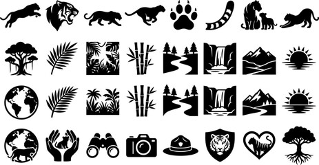 Collection Of Black Tiger Icons Featuring Landscapes And Wildlife On Transparent Background tigers © MdJahangir