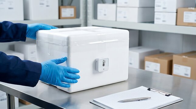 Professional worker in sterile blue gloves managing a temperature controlled cold chain shipping container with thermal data logger in a pharmaceutical warehouse distribution center.
