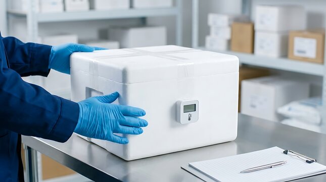 Professional worker in sterile blue gloves managing a temperature controlled cold chain shipping container with thermal data logger in a pharmaceutical warehouse distribution center.