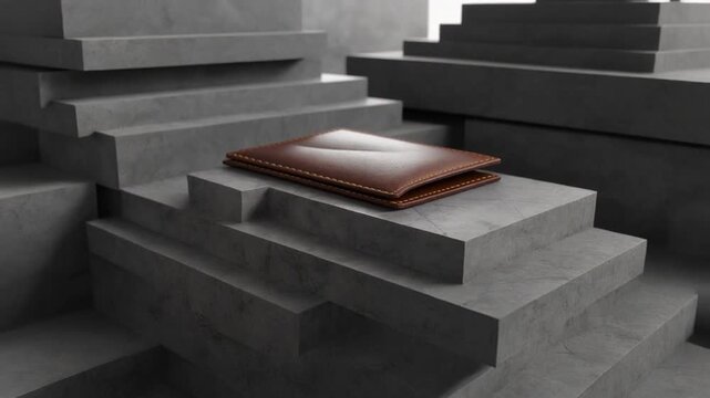 Brown Leather Wallet Resting on Grey Concrete Minimalist Architectural Steps