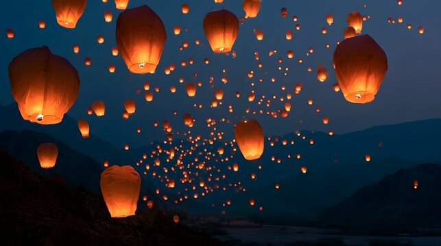 Thousands of glowing paper lanterns ascend into twilight sky over dark silhouetted mountains and dry valley terrain