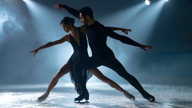 Two figure skaters glide gracefully on ice under dramatic stage lighting during a synchronized performance