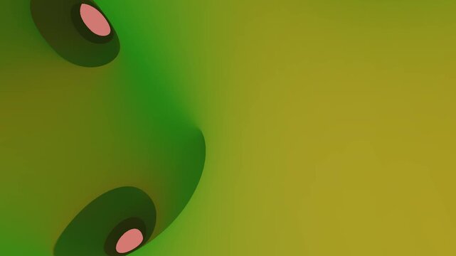 Abstract animation of green olives with pink centers floating in liquid.