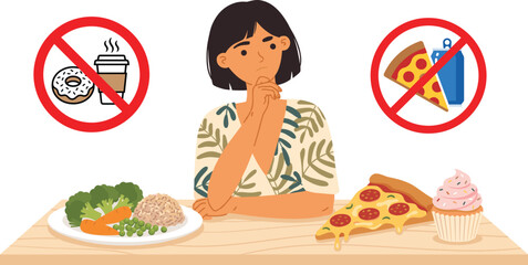 Fototapeta premium Woman choosing between healthy meal and junk food flat vector illustration for web design