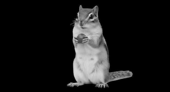 Small wild chipmunk holding tiny red berry as isolated object