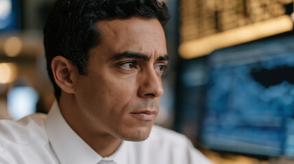 Fototapeta premium A Brazilian stock trader stands before a wall of monitors in a busy trading floor, jaw tight and eyes scanning cascading numbers during midday market hours, financial services