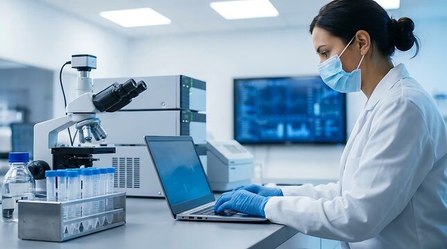 Professional female scientist wearing white lab coat and mask working on laptop with laboratory microscope equipment in bright research facility performing medical analysis data research.