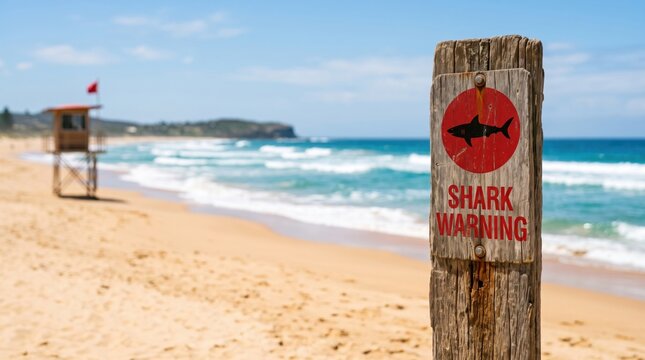 Wooden "shark warning" sign standing on a sunny sandy beach. Beach safety, marine wildlife, coastal hazard