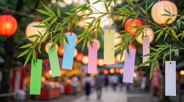 Colorful tanzaku wish papers hanging from bamboo branches during the Japanese Tanabata festival. Traditional Star Festival decorations, wishes, Japanese culture, and summer celebration concept