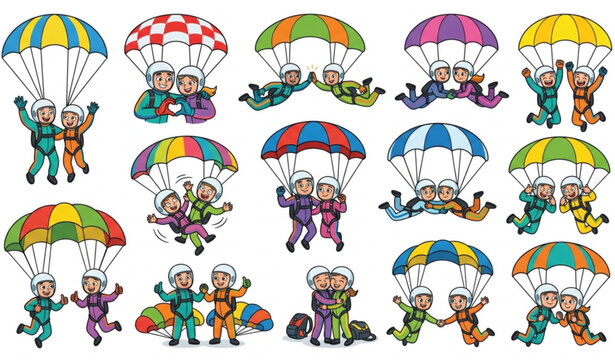 Cute parachute skydiver couple vector set with cartoon adventure characters in different poses on white background