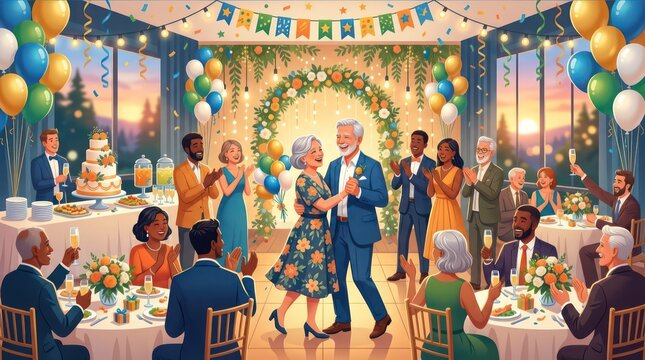 Senior couple dancing at elegant anniversary party with diverse guests and festive decorations.