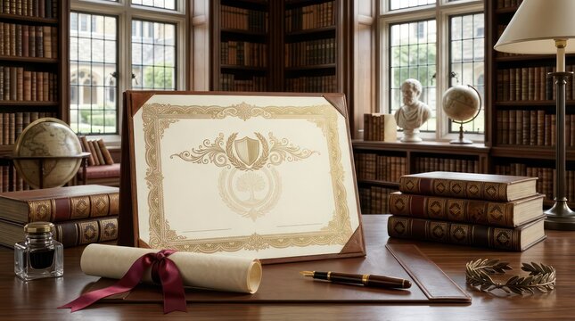 Vintage study room with books and scroll.