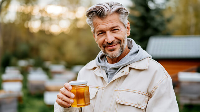Smiling beekeeper holding jar of golden honey at outdoor apiary. Mature man showcasing natural product, rustic beekeeping lifestyle concept. Sweet organic food, artisan farming, warm portrait.