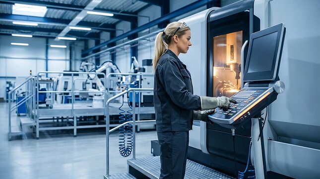 Industrial manufacturing professional woman operating cnc milling machine at metal factory workshop with sparks flying from metal cutting during busy day at modern automated facility.