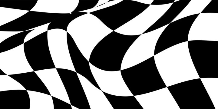 This vector is suitable for websites presentations, advertising, sport design. Wavy black and white checkered flag background with optical illusion distortion.