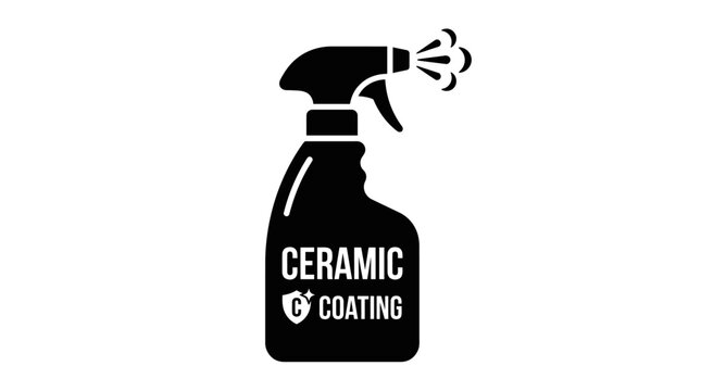 Black vector spray bottle icon, ceramic coating label, cleaning supply symbol