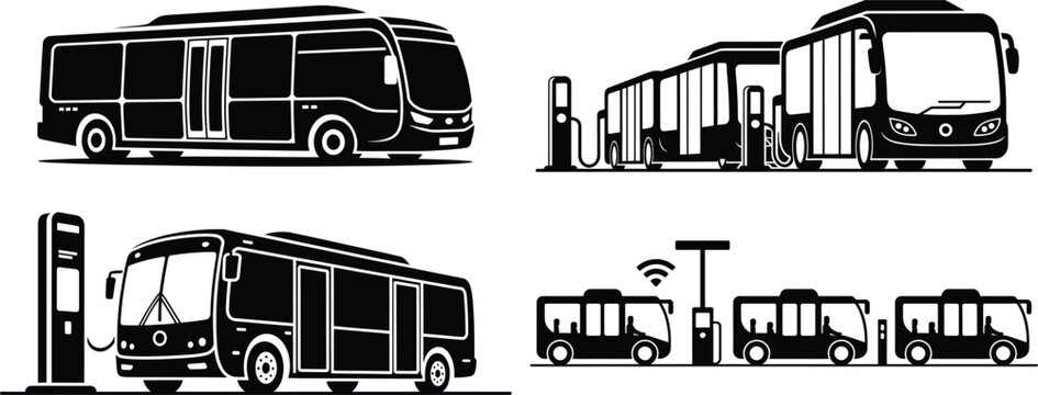 Electric bus charging station and modern transit vehicle silhouette collection with bus stop