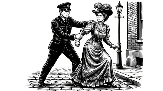 Black and White Scratchboard Illustration of Victorian Police Officer Restraining Woman &ndash; Historical Engraving Scene