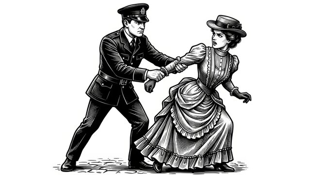 Black and White Scratchboard Illustration of Victorian Police Officer Restraining Woman &ndash; Historical Engraving Scene