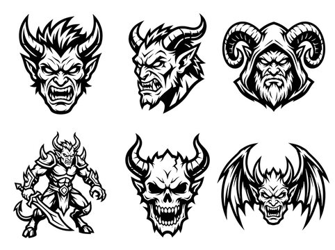Collection of aggressive demon monster heads and a warrior character featuring sharp horns and fierce expressions designed in a bold black and white vector art style set on transparent background.