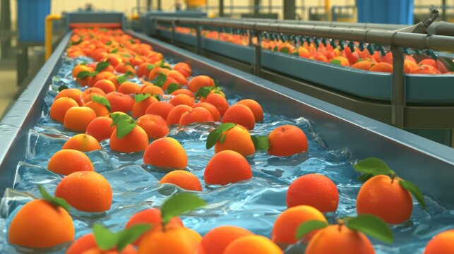 Fresh Oranges Being Washed in Stainless Steel Flume at a Fruit Processing Facility