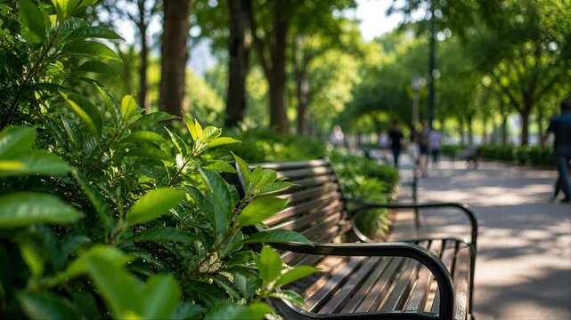 Green leaves and park bench in focus with blurred pedestrians behind, perfect for urban wellness, relaxation and city nature background content
