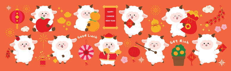 Happy Chinese New Year 2027 Year of the Goat vector element set. Cute white cartoon goat, red lanterns, floral fireworks and circular Asian frame on luxury red and gold festive design.