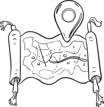Sketch style paper scroll map with pin pointer on white