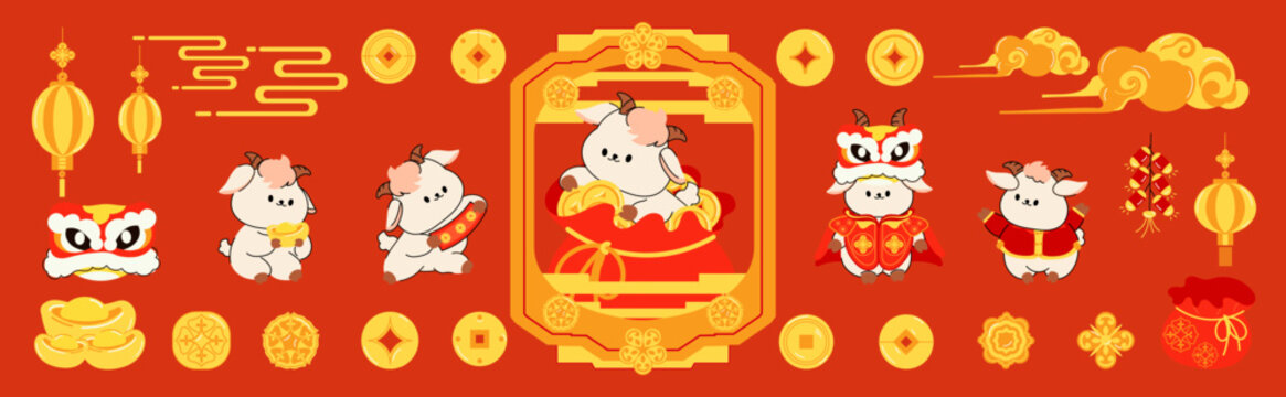 Happy Chinese New Year 2027 Year of the Goat vector element set. Cute white cartoon goat, red lanterns, floral fireworks and circular Asian frame on luxury red and gold festive design.