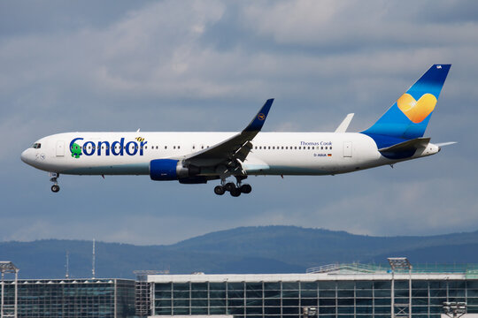 Condor Boeing 767-300ER (D-ABUA) on landing approach at Frankfurt Airport on August 12, 2014 in Frankfurt, Germany