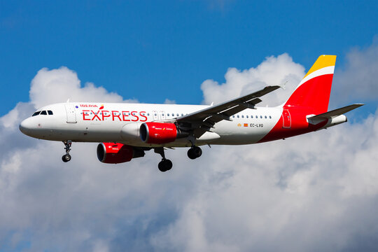Iberia Express Airbus A320 (EC-LVQ) on landing approach at Frankfurt Airport on August 12, 2014 in Frankfurt, Germany