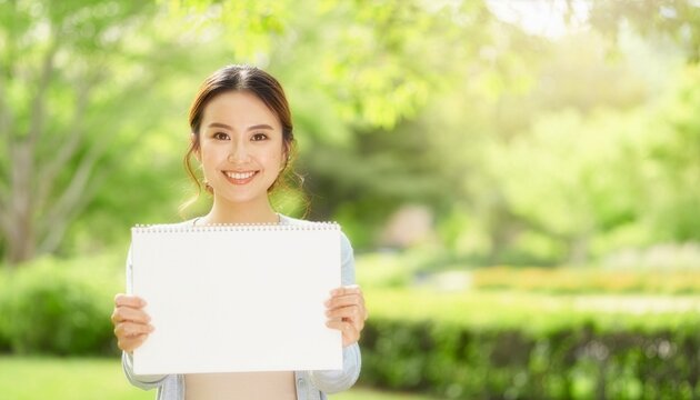 緑豊かな公園で白いスケッチブックを持って笑顔を見せる日本人女性のポートレート写真